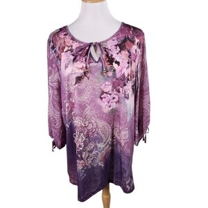 Catherines Women's Blouse Plus Keyhole 3/4 open Sleeves Floral, sz 2X